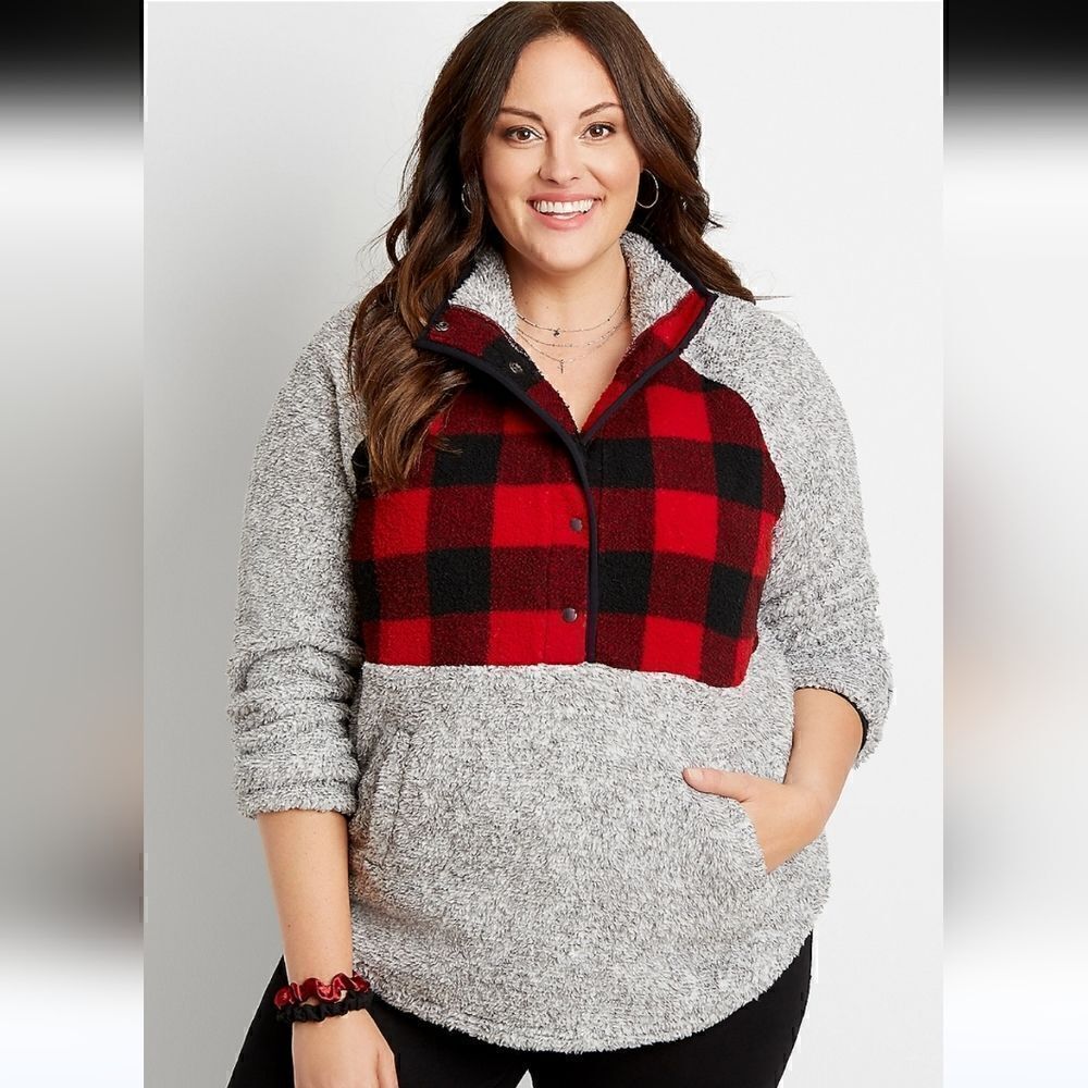 Maurices Plus Size Gray Buffalo Plaid Yoke Snap Front Sherpa Pullover Sweatshirt